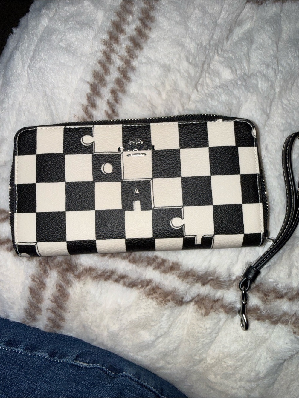 Coach Black and White Checker Zip Wristlet Wallet